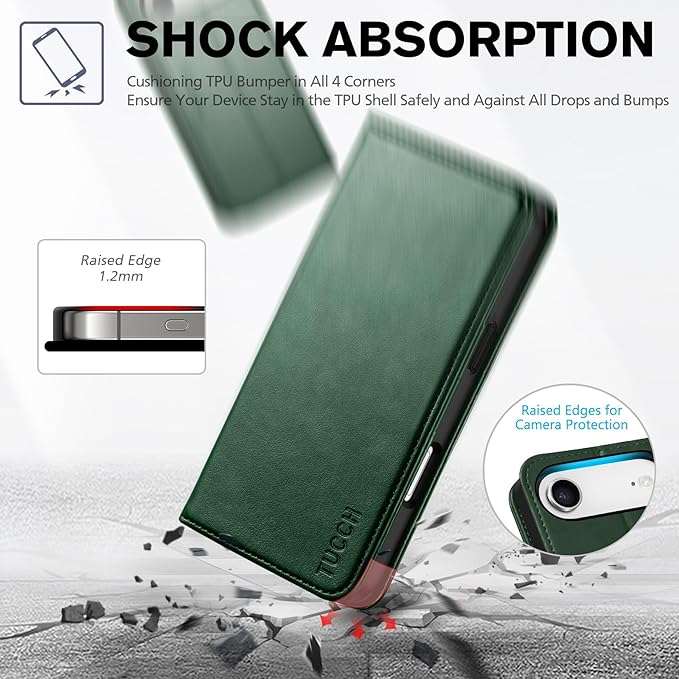 TUCCH Wallet Case for iPhone Air (6.5") 2025, 3 Credit Card Holders, RFID Blocking, Stand, PU Leather, Shockproof TPU Interior Shell, Protective Flip Folio Cover, Midnight Green