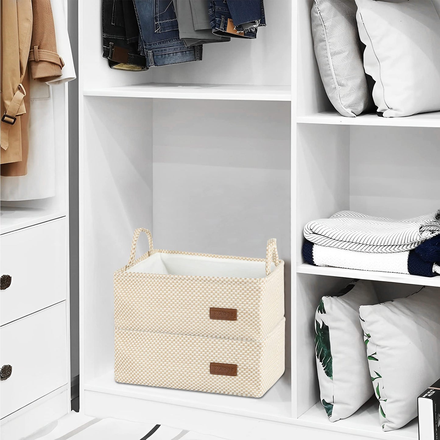 QiANBiRD Medium Beige Basket,Cute Decorative Basket Burlap Storage Organizer Bin for Gifts Empty with Handles for Shelves,Closets, Laundry, Nursery,Toys,Books15*10"* 5.3"