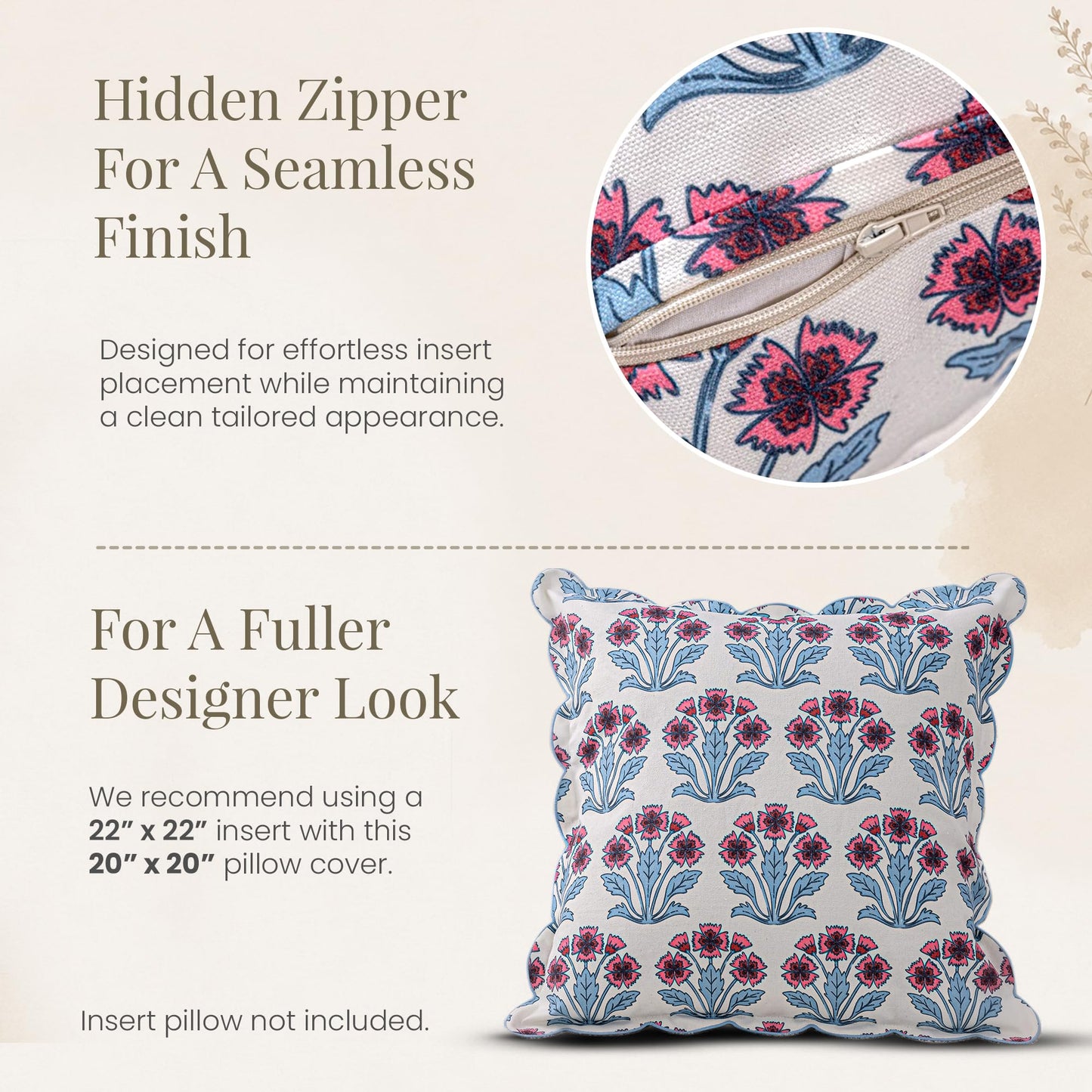 DrapePalette - Scalloped Throw Pillow Covers with Block Print Floral Patterns and Hidden Zipper - Pink Fern, 20 x 20 Inches Pack of 1 - Soft Indoor Pillow Case for Livingroom, Bedroom, or Lounge