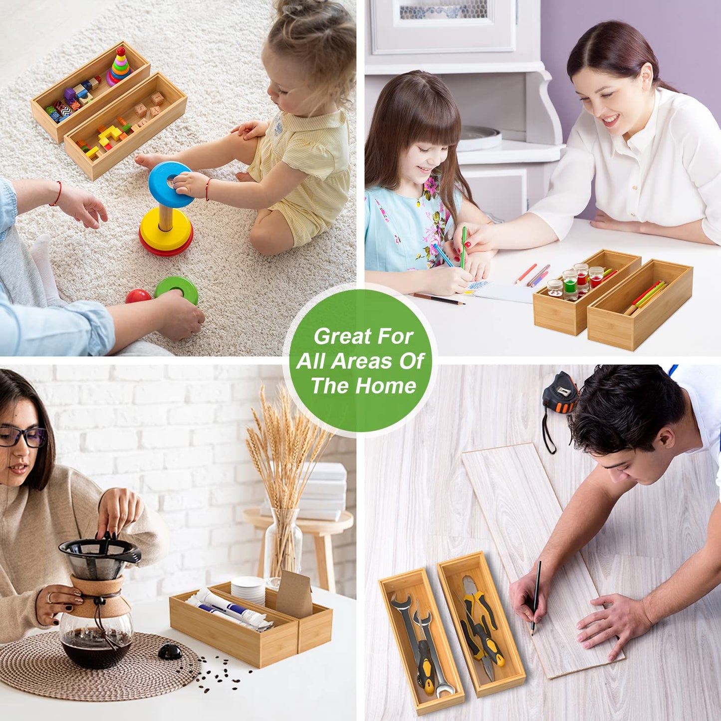 Lixple Bamboo Drawer Organizer – Set of 2 Stackable Storage Boxes, Silverware Tray & Small Gadget Holder for Kitchen Drawers, 9" x 3" x 2" (Outer), 8.3" x 2.3" x 1.77" (Inner)