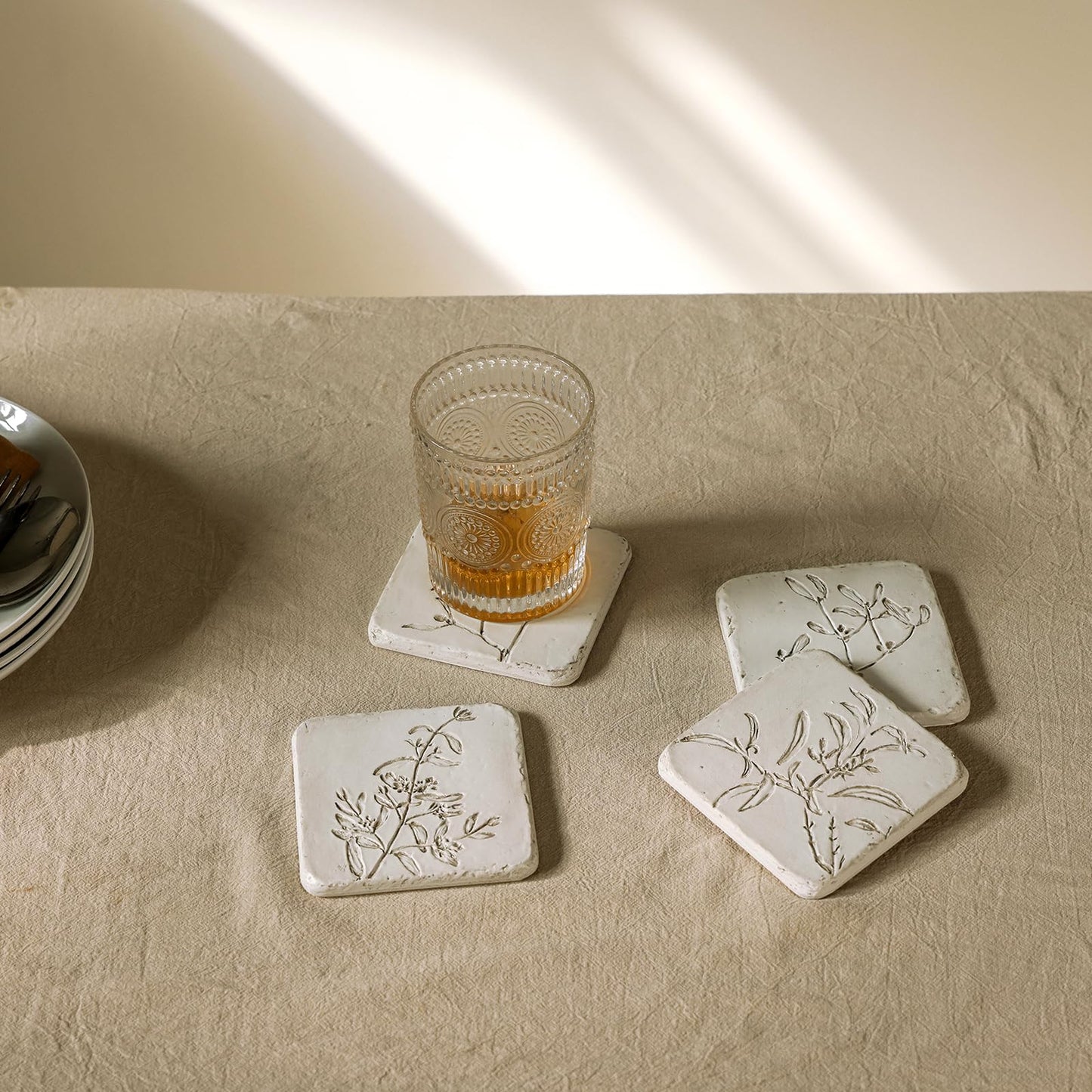 HOME PALETTE Botanical Coasters for Drinks Set of 4, 4.02 Inch Square Resin with Cork Base, Plant Floral Design, Absorbent Coasters for Bar Desk Coffee Table, White