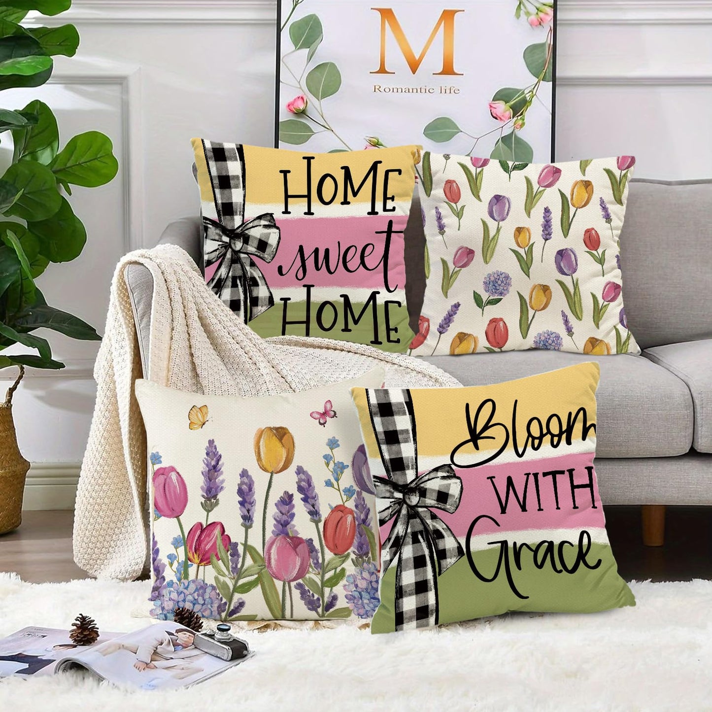 Tikeciti Spring Summer Tulips Pillow Covers Home Sweet Home 18 x 18 Inch Throw Pillows, Hydrangea Floral Farmhouse Seasonal Outdoor Indoor Decorative for Cushion Case Sofa Couch Set of 4