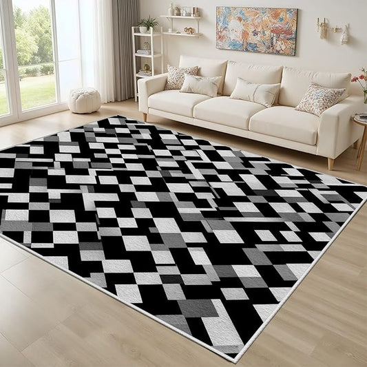 Black White and Grey Rug - Geometric Area Rug, Area Rugs 4x5, Modern Abstract Rugs, Irregular Block Splicing Carpet Washable Non Slip Home Decor Carpet for Living Room