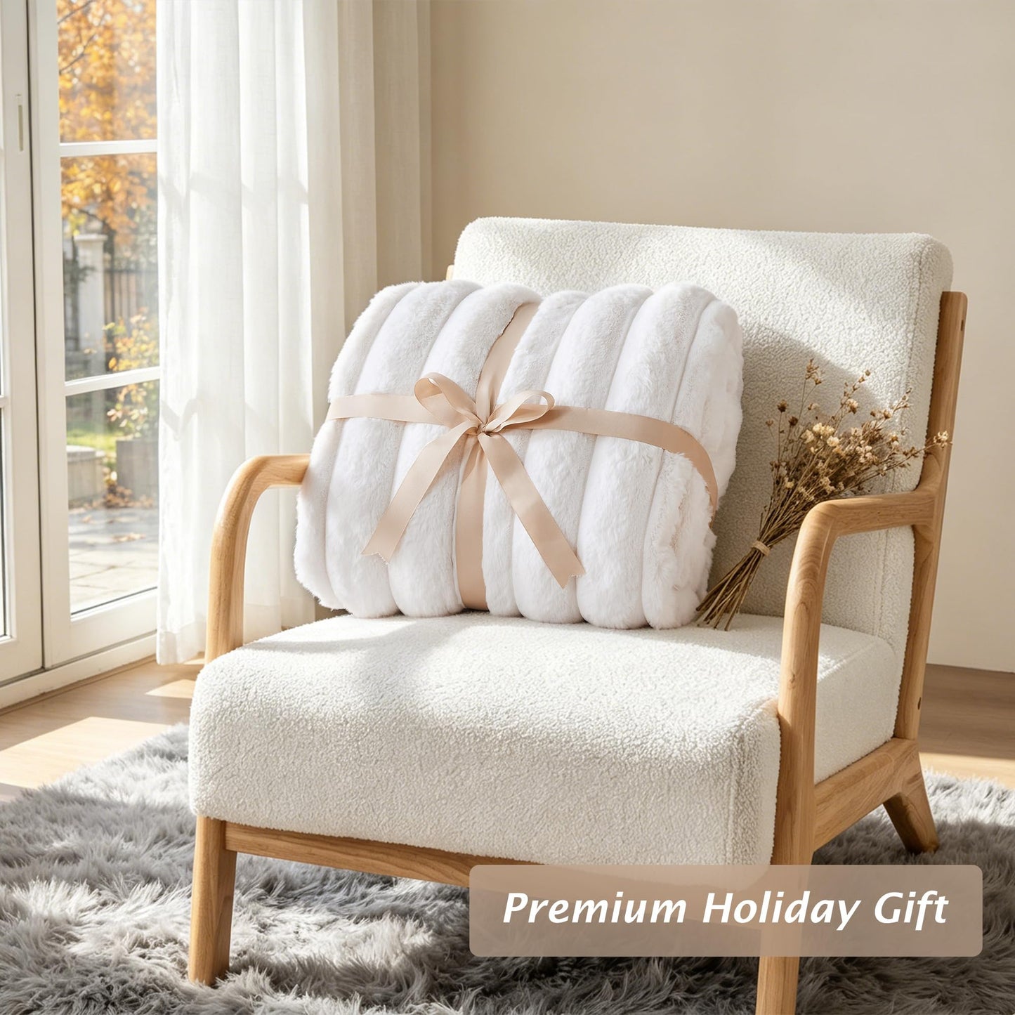 VFROO Faux Fur Throw Blanket for Couch,Cozy Soft Plush Thick Striped Luxury Blanket for Sofa Living Room Bedroom,50 * 60 Inches, White