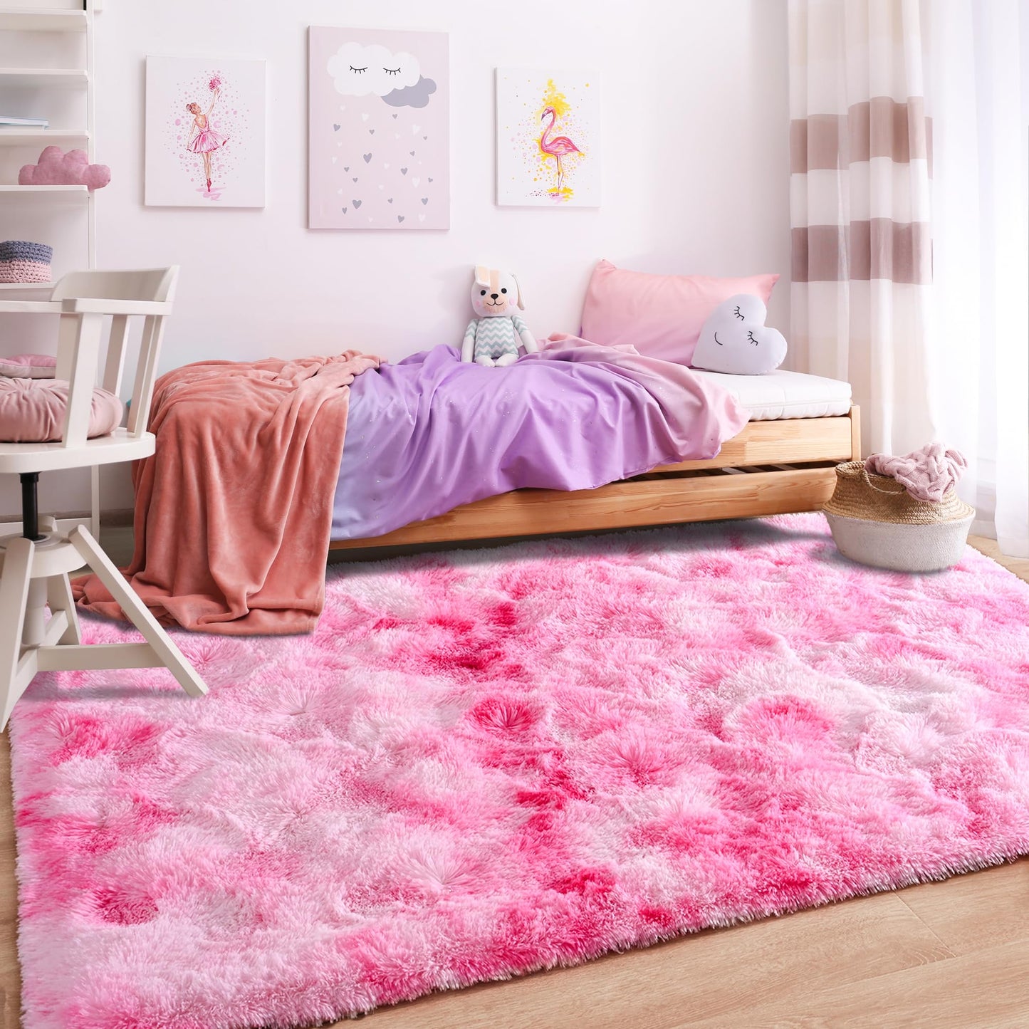 Foxmas Soft Fluffy Area Rugs for Bedroom Kids Room Plush Shaggy Nursery Rug Furry Throw Carpets for Boys Girls, College Dorm Fuzzy Rugs Living Room Home Decorate Rug, 3ft x 5ft, Tie-Dyed Pink