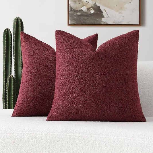 FUTEI Pack of 2 Burgundy Decorative Throw Pillow Covers 26x26 Inch Soft Cozy Solid Boucle Textured Euro Pillow Shams,Modern Home Decor for Couch Bed Living Room