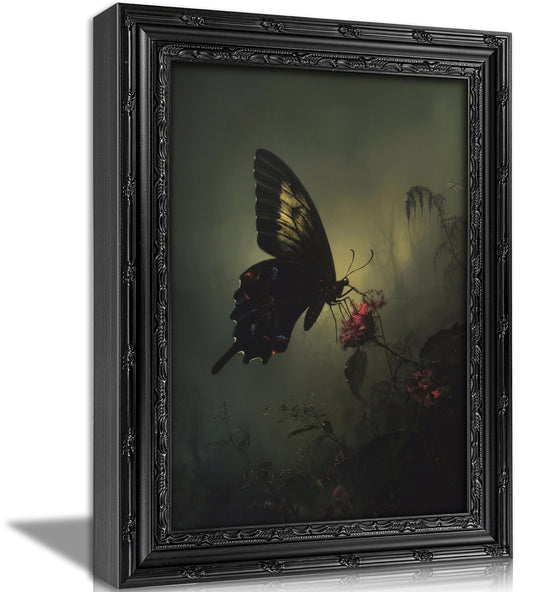 Vintage Black Framed Gothic Nature Wall Art Dark Academia Black Butterfly Wall Decor Moody Gothic Floral Canvas Print Witchy Dark Cottagecore Artwrok Picture for Bedroom Living Room Home Office