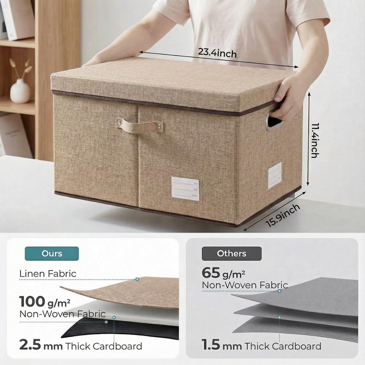PRANDOM Storage Bins with Lids [3-Pack] Jute Fabric Foldable Storage Boxes Organizer Containers Baskets Cube with Cover for Home Bedroom Closet Office Nursery khaki（23.4X15.9X11.5