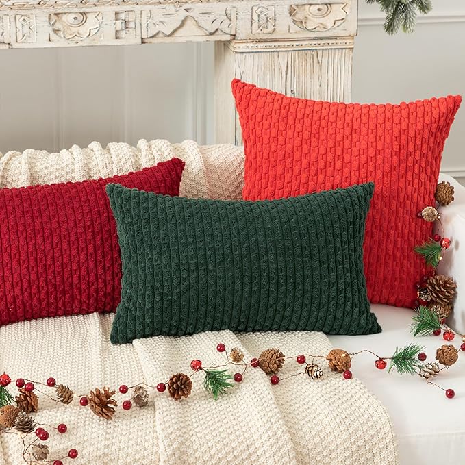 Kevin Textile Decorative Pillow Covers Set of 2 Striped Plush Corduroy Pillows Pillowcases Boho Home Decor Cushion Covers for Couch Sofa Bed Living Room 24x24 Inch, Army Green