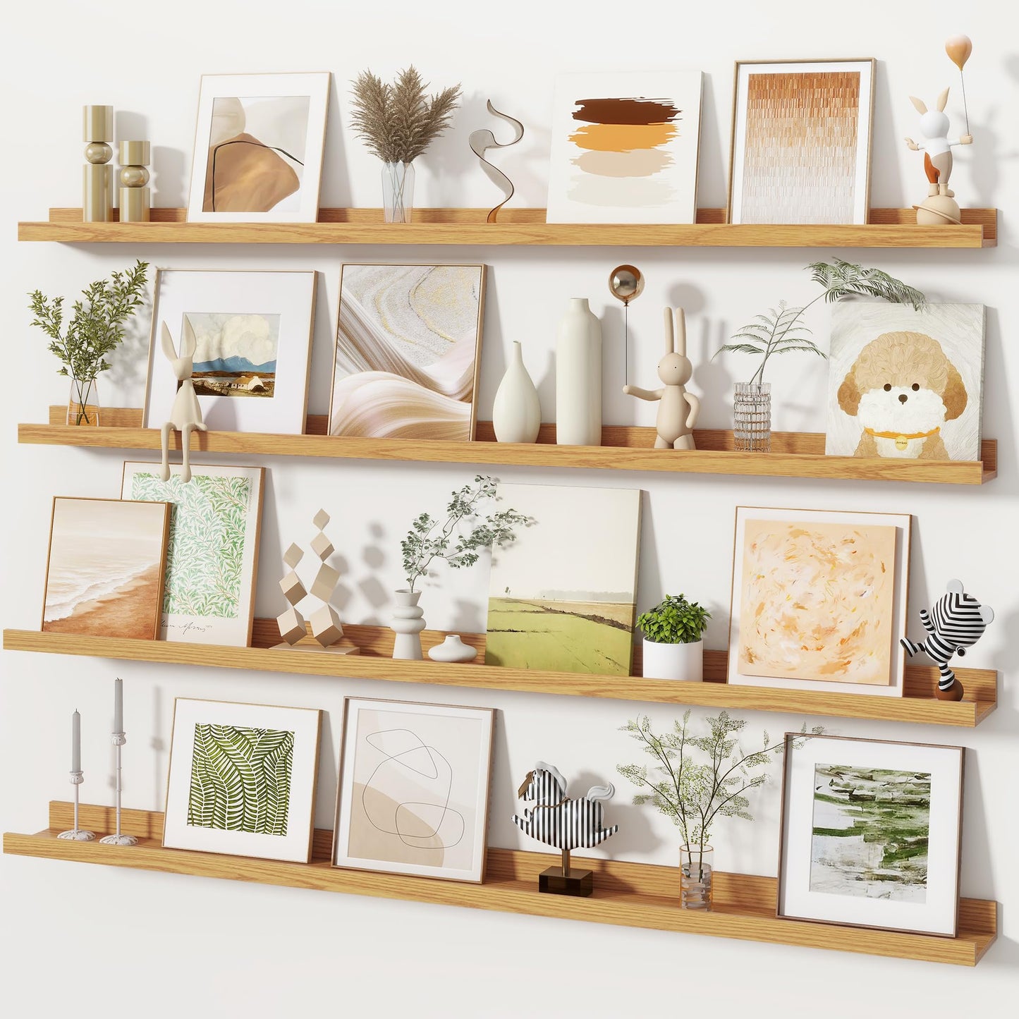 Fun Memories Picture Ledge Shelves Set of 4, 48 Inch Rustic Wall Mounted Floating Shelves with Lip for Home Storage and Décor in Bathroom, Kitchen, Nursery, Bedroom, Living Room, Oak