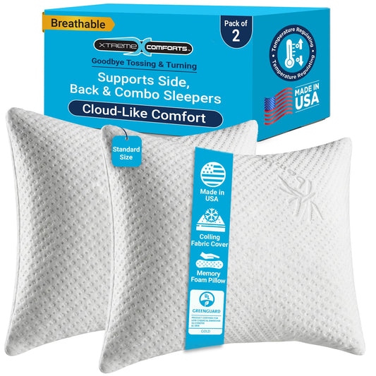 Xtreme Comforts Memory Foam Pillows | GREENGUARD Certified Shredded Foam Fill for Personalized Support | Slim Cooling Pillow for Sleeping on Side, Back & Stomach | 2 Pillows Standard Size