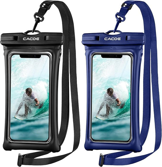 CACOE Universal Waterproof Phone case 2 Pcs-Up to 7.0",Phone Pouch with Adjustable Neck Lanyard,IPX8 Cellphone Dry Bags for Beach Pool Swimming (Black+Dark Blue, Up to 7.0"-Floatable)