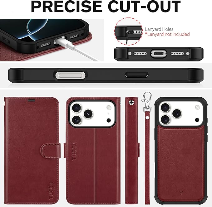 TUCCH Detachable Case Wallet for iPhone 17 Pro Max (6.9") 2025, Wrist Strap | 4 Card Slots RFID Blocking | Wireless Charging | Stand | 2-in-1 Magnetic | PU Leather | Shockproof Folio Cover | Dark Red