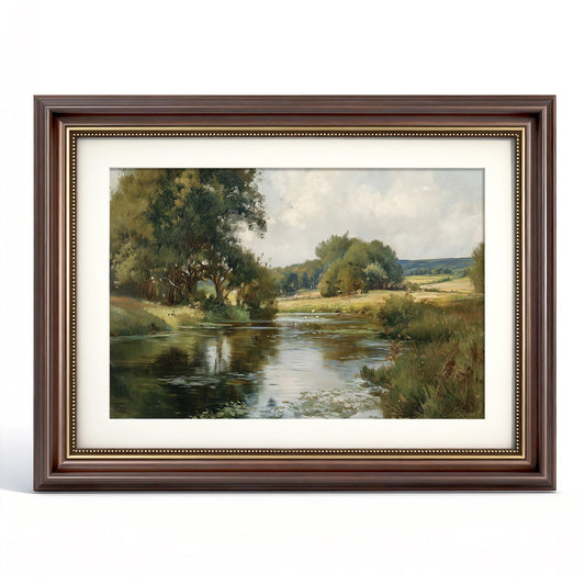VIYYIEA Brown Framed Wall Art, Vintage Nature Lakeside Scene Canvas Prints, Living Room Office Library Landscape Paintings Classical Decor, 16x12in, Rich Green Tone