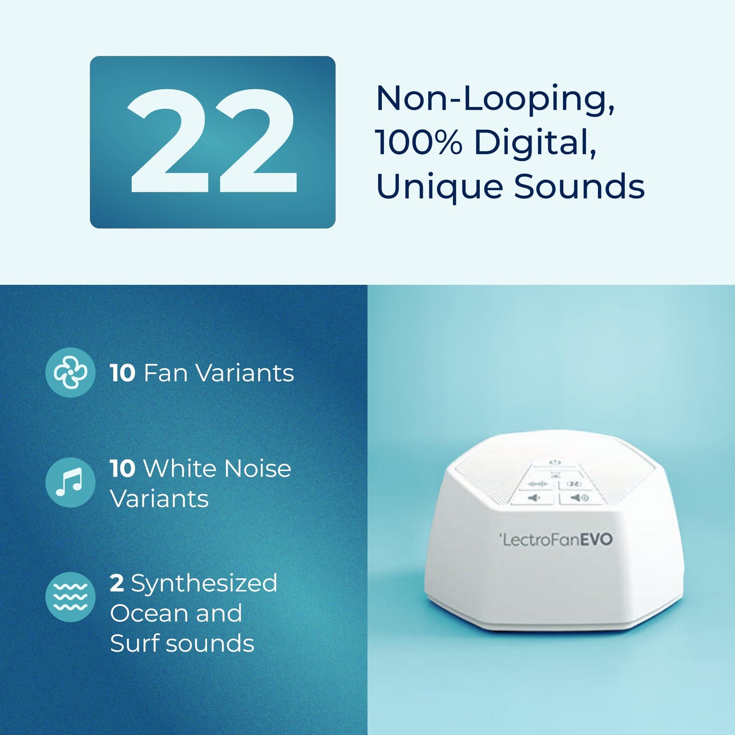 Adaptive Sound Technologies LectroFan EVO - Non-Looping Sound Machine for Sleep - Soothing Noise - Convenient Sleep Timer - Lightweight Build - USB-Powered - White