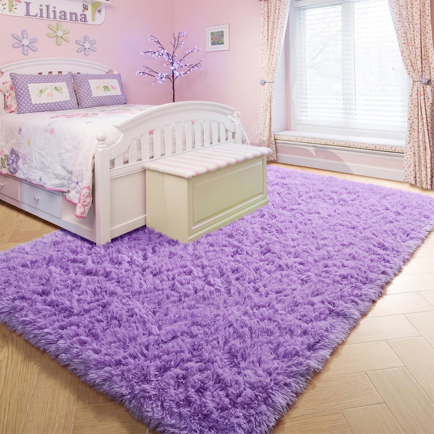 Purple Rugs for Bedroom Girls Room Decor Aesthetic, Cute Fluffy Shag Lavender Area Rug 4x6 for Living Room Dorm Classroom Nursery, Furry Plush Fuzzy Soft Throw Lilac Carpet for Kids, Baby, Teen