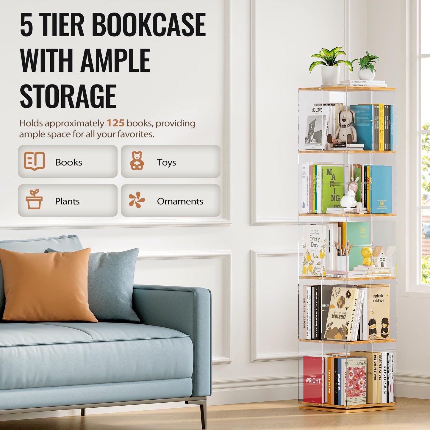 TAKEKIT 5-Tier Rotating Bookshelf, 360° Spinning Book Shelf Tower with Solid Wood & Clear Acrylic, Square Revolving Bookcase for Kids Room, Living Room, Bedroom and Office
