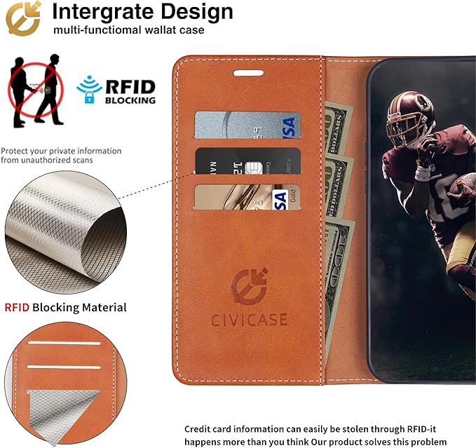CIVICASE for iPhone 17 Pro Wallet Case,PU Leather Flip Case RFID Blocking Credit Card Holder Folio Magnetic Stand TPU Shockproof Cover Compatible with iPhone 17 Pro, Brown