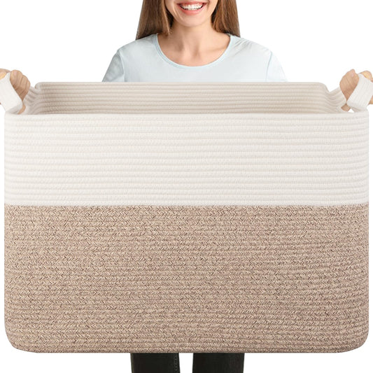 OIASKET 108L Cotton Rope Storage Basket for Living Room and Bedroom 25"x16"x16" Woven Laundry Basket, Heavy Duty Bin for Blankets, Pillows & Toys, Pet-Safe & Scratch-Free, Brown and White