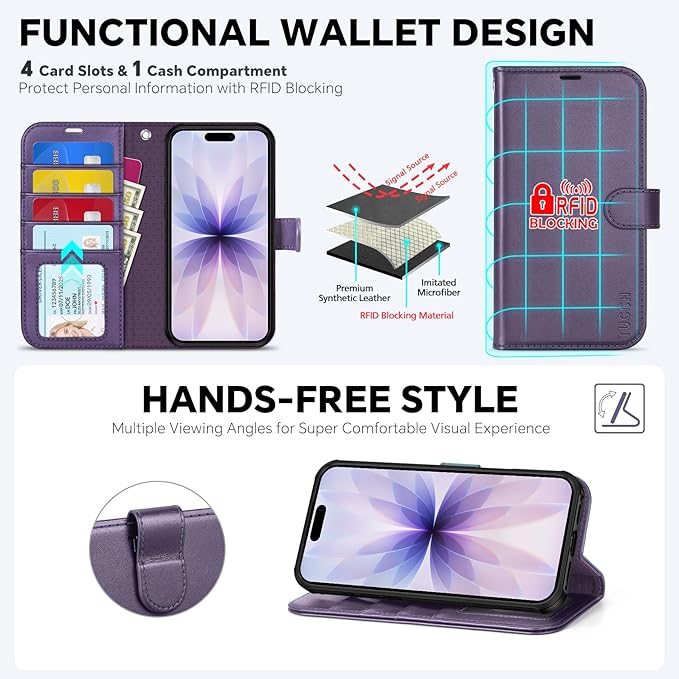 TUCCH 2-in-1 Removable Wallet Case for iPhone 17 (6.3-inch) 2025, Wireless Charging | RFID Blocking 4 Card Holders | Wrist Strap | Kickstand | Magnetic | PU Leather Protective Cover | Deep Purple