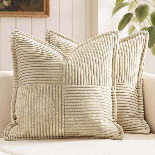 MIULEE Cream Corduroy Decorative Euro Sham Pillow Covers 24x24 Inch with Splicing Set of 2 Soft Boho Pillow Covers Broadside Textured Pillowcases for Couch Bed Livingroom