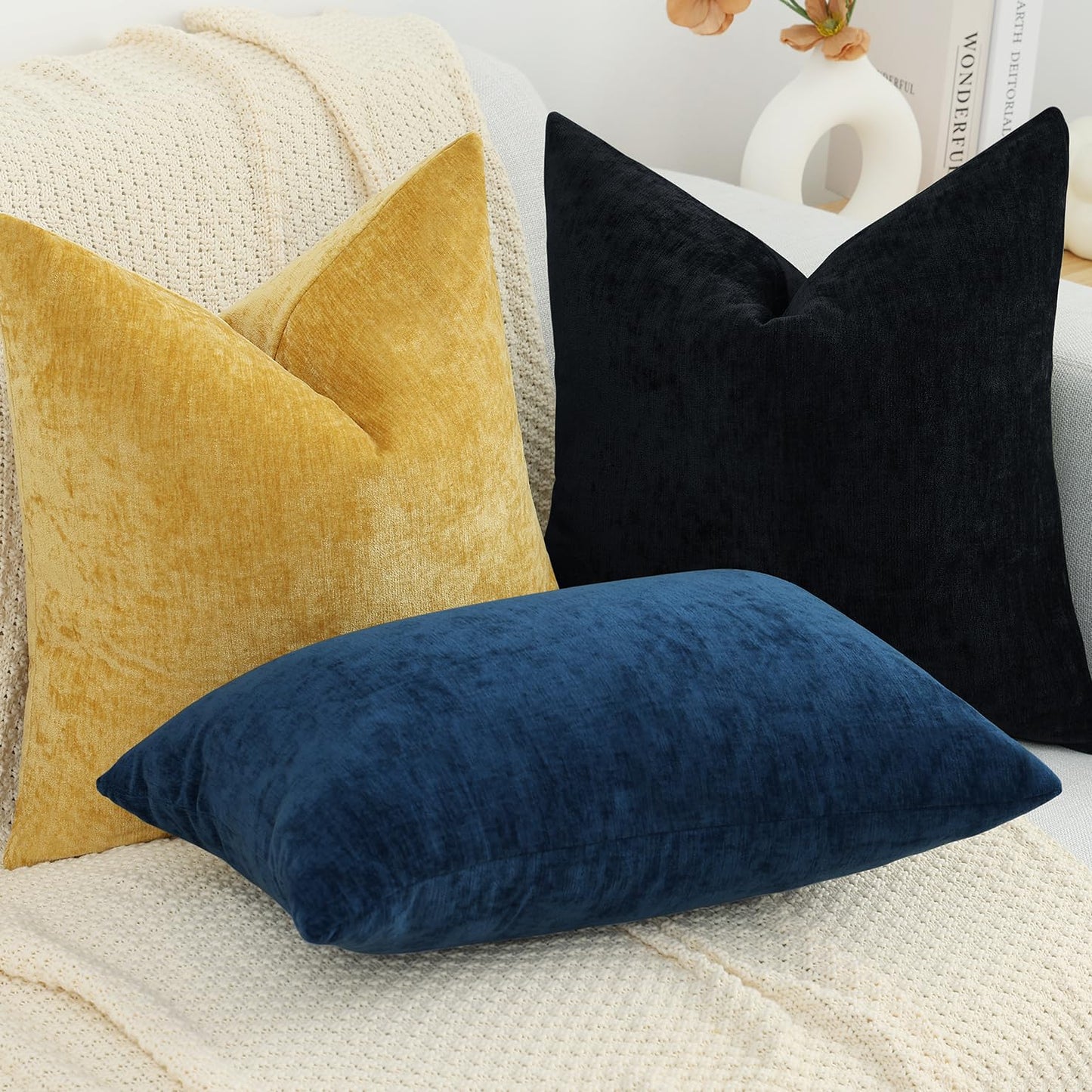 decorUhome Chenille Black Throw Pillow Covers 18x18 Inch Set of 2, Decorative Soft Couch Pillow Covers Solid Dyed Accent Farmhouse Neutral Square Pillow Cases for Sofa