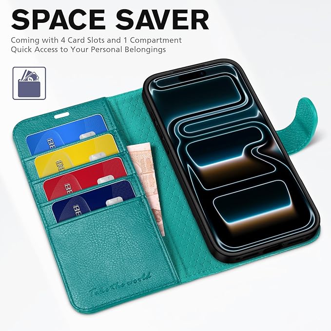 TUCCH Wallet Case for iPhone 17 Pro (6.3") 2025, 4 Card Slots | RFID Blocking | Stand | PU Leather | Magnetic Closure | Protective Flip Folio Cover | Shockproof TPU Shell | Cyan