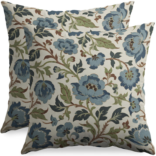Blue Green Vintage Floral Pillow Covers 18x18 Inch Set of 2, Spring Chinoiserie Flowers Boho Farmhouse Decorative Throw Pillow Cases Rustic Neutral Cushion Covers Outdoor Decor for Sofa Couch Bed