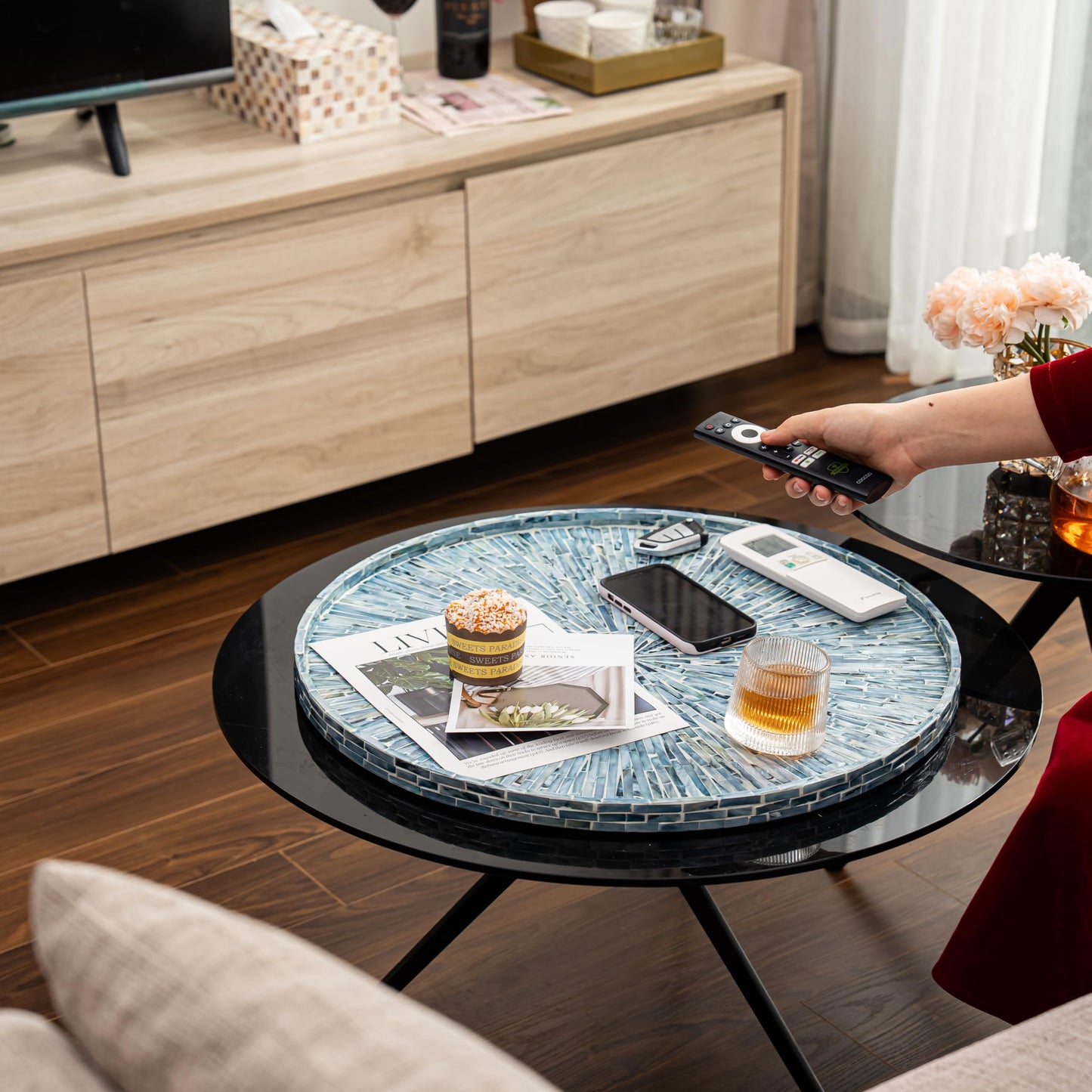 PEMAR 22" Round Mother of Pearl Extra Large Ottoman Tray with Raised Edge, Oversized Decorative Luxury Wooden Serving Tray for Food, Coffee Table, Breakfast in Bed (Blue Sunlight)