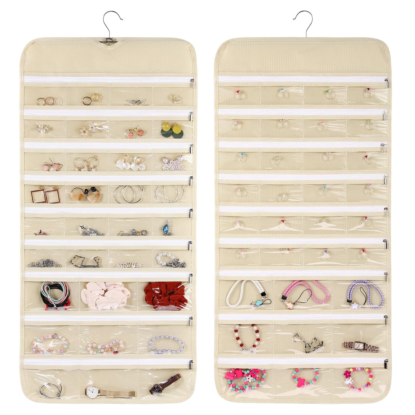 Cabilock 66 Pockets Hanging Jewelry Organizer, Double Sided Zippered Earring Holder with Clear Pockets, Space Saving Necklace Bracelet Ring Storage Bag for Closet, Door, Wall and Travel, Beige 1pcs