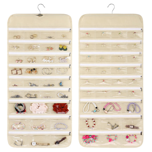 Cabilock 66 Pockets Hanging Jewelry Organizer, Double Sided Zippered Earring Holder with Clear Pockets, Space Saving Necklace Bracelet Ring Storage Bag for Closet, Door, Wall and Travel, Beige 1pcs