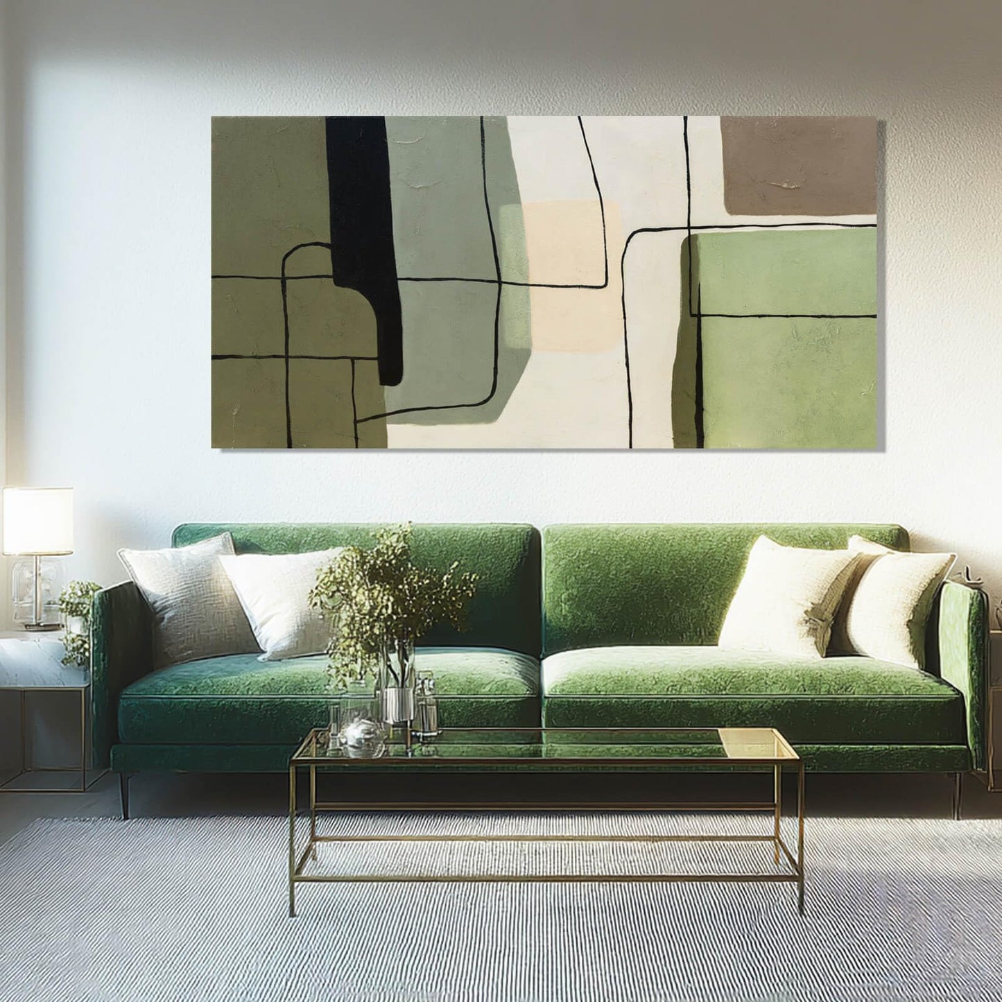 Framed Green Abstract Wall Art and White Modern Wall Decor, Modern Canvas Prints for Living Room, Bedroom, or Office, 24" x 48"