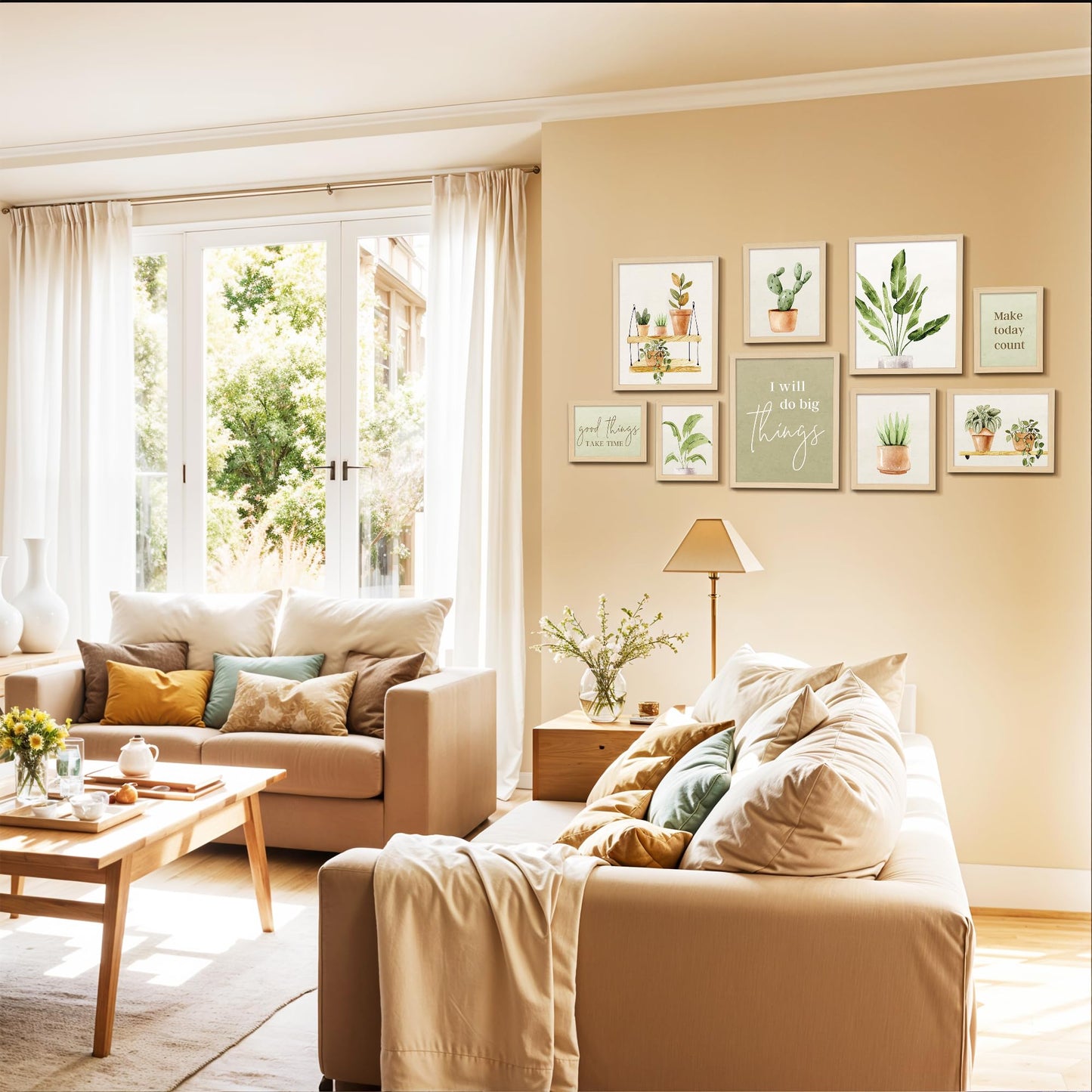 ArtbyHannah 9-Piece Botanical Gallery Wall Art Set, Sage Green Plant Prints with Wood Frames, Neutral Decor for Modern Living Room Bedroom Staircase Nursery