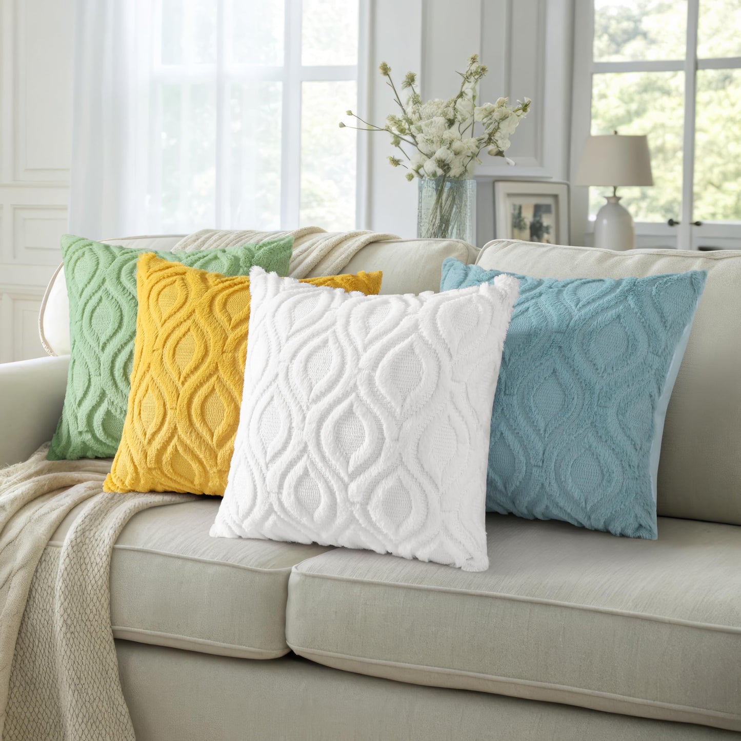decorUhome Throw Pillow Covers 12x20 Inch Set of 2, Soft Plush Faux Wool White Solid Couch Pillow Covers, Accent Farmhouse Neutral Rectangle Pillow Cases for Sofa Bed Living Room