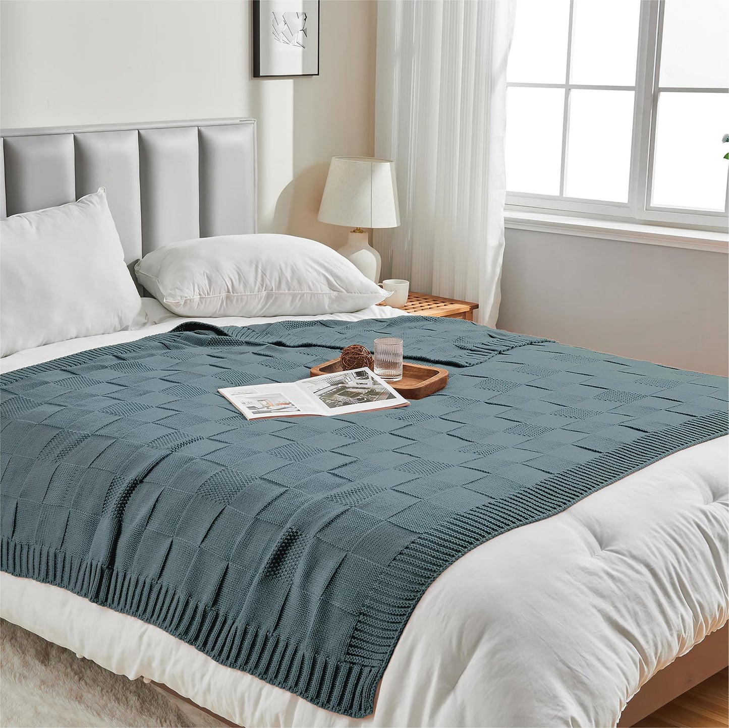 CozeCube Check Knit Throw Blanket, Dusty Blue Checkered Throw for Couch, Decorative Christmas Soft Cozy Warm Knitted Blanket for Bed Sofa Living Room, 50"X60"
