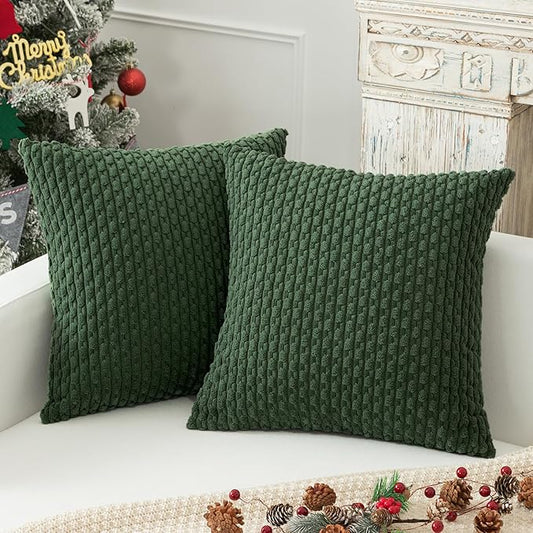 Kevin Textile Pack of 2 Corduroy Decorative Throw Pillow Covers 26x26 Inch Soft Boho Striped Pillow Covers Modern Farmhouse Home Decor for Spring Sofa Living Room Couch Bed Dark Green