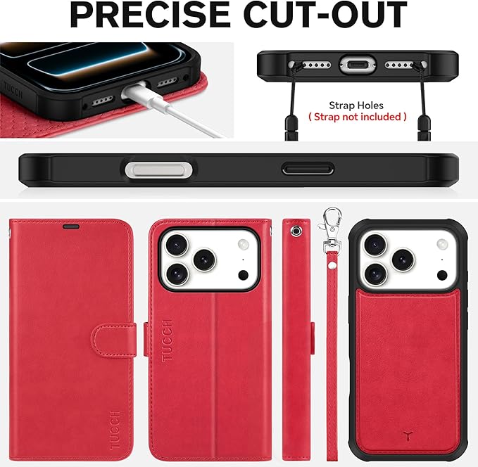 TUCCH Compatible with iPhone 17 Pro (6.3") Detachable Wallet Case with 4 Card Holder, Wireless Charging PU Leather Flip Folio with RFID Blocking Stand Wrist Strap Shockproof Phone Cover 2025, Red