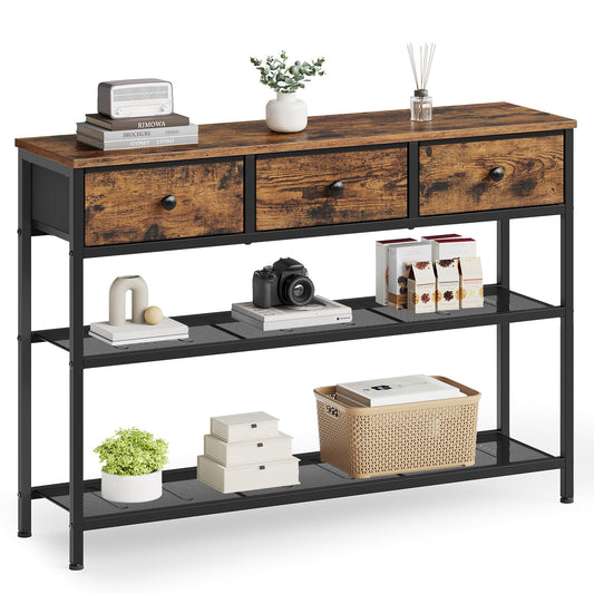 SONGMICS Console Table, Narrow Sofa Table with 2 Mesh Shelves for Entryway, Living Room, 11.8 x 38.9 x 31 Inches, 3 Fabric Drawers, Rustic Brown, BELLAH Collection ULGS098K101