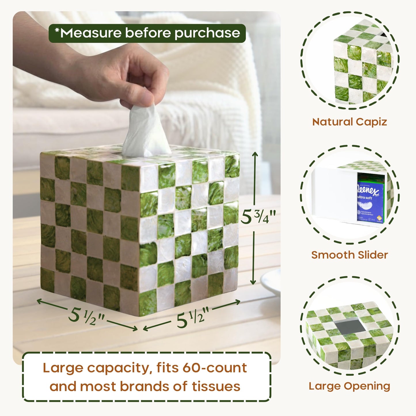 CHI AN HOME 5.5" Square Tissue Box Cover, Handmade Checkered Cube Tissue Box Cover with Capiz Shells, Decorative Tissue Holder for Living Room, Bathroom, Bedroom or Office (Pistachio Green)