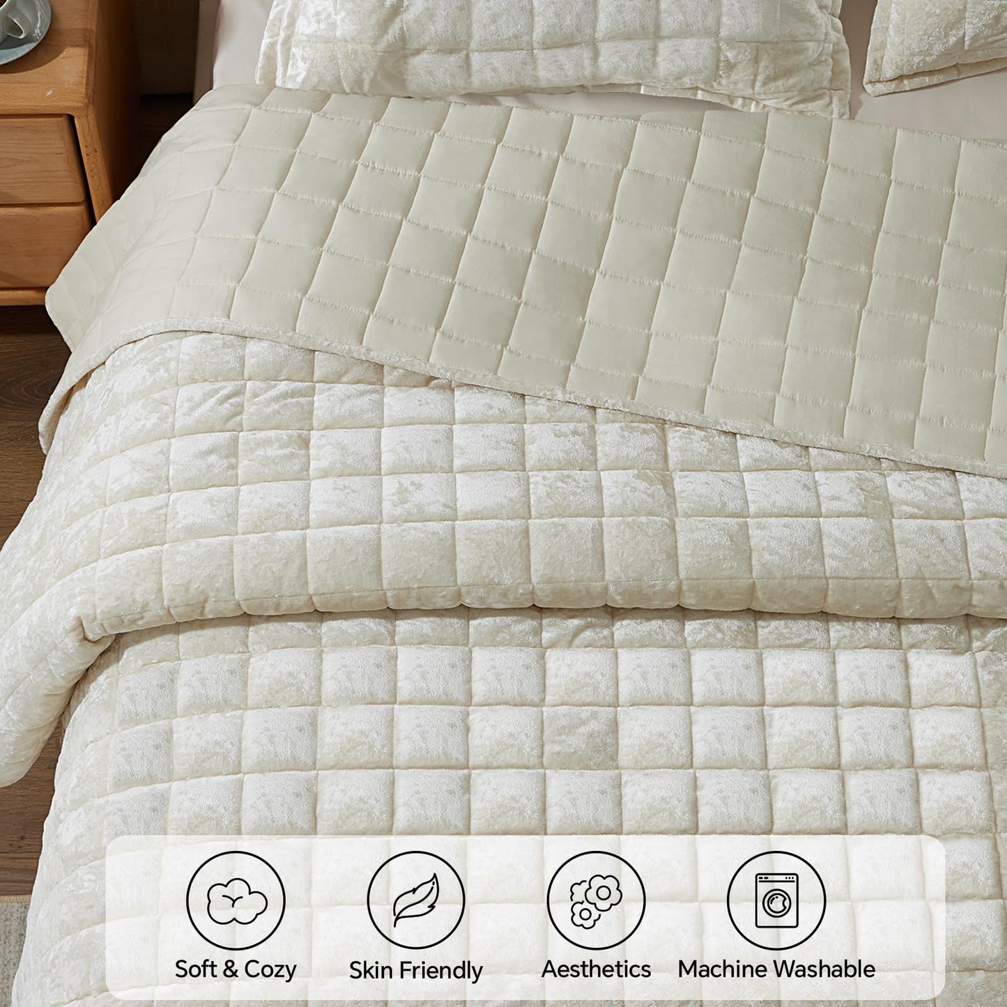 BEDELITE Velvet Quilt Set King Size - Luxury Soft Velvet Comforter Bedding Set for All Season, Lightweight Quilted Box Stitch Oversized Bedspread Coverlet with 2 Matching Shams, Shiny Cream White