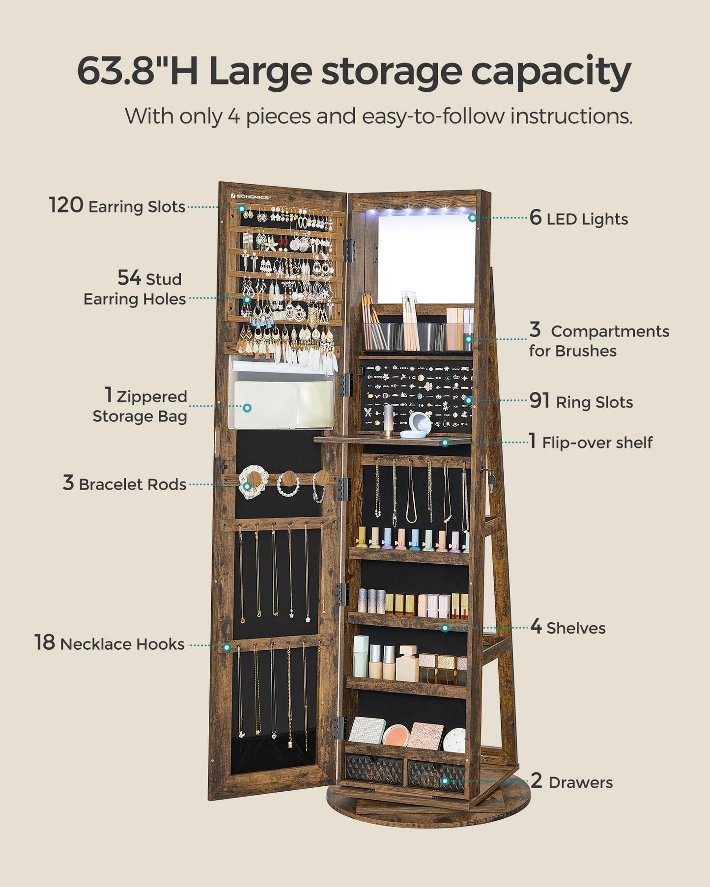 SONGMICS 6 LEDs Lockable Mirror Jewelry Cabinet, 360° Swivel Jewelry Organizer Armoire Standing, Frameless Full-Length Mirror, 3 Storage Shelves, Rustic Brown Surface, Black Lining UJJC007X01