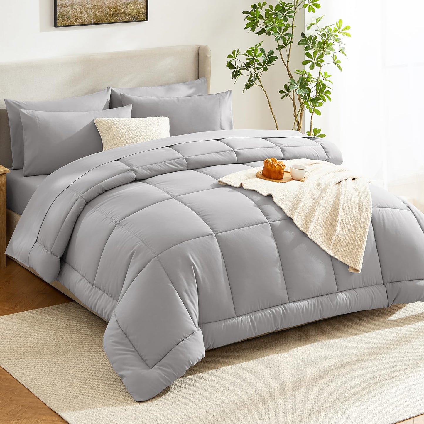 CozyLux Queen Comforter Set French Grey, 7 Pieces Bed in a Bag, Gray Comforters Queen Size, All Season Bedding Sets with Stitch Quilted Comforter, Flat Sheet, Fitted Sheet, Pillowcases