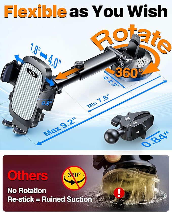 2026 Ultimate Best【True Military-Grade & Safety Cert】Car Phone Holder HTU【Upgraded 5-in-1 & 100+LBS Strongest Suction】360 Rotation Truck Windshield Dashboard Vent Mount Stand for iPhone Android, Grey
