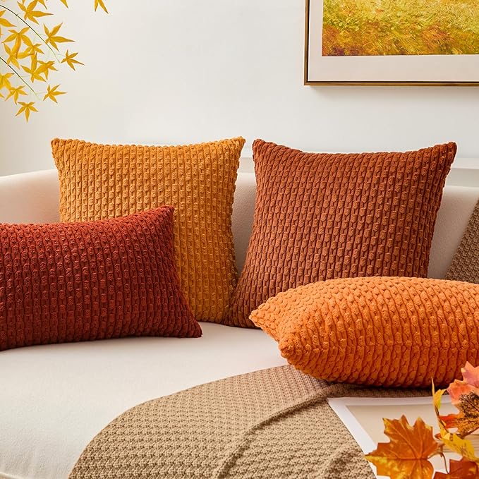 Kevin Textile Fall Pack of 2 Corduroy Decorative Throw Pillow Covers 16x16 Inch Soft Boho Striped Pillow Covers Modern Farmhouse Home Decor for Spring Sofa Living Room Couch Bed Orange