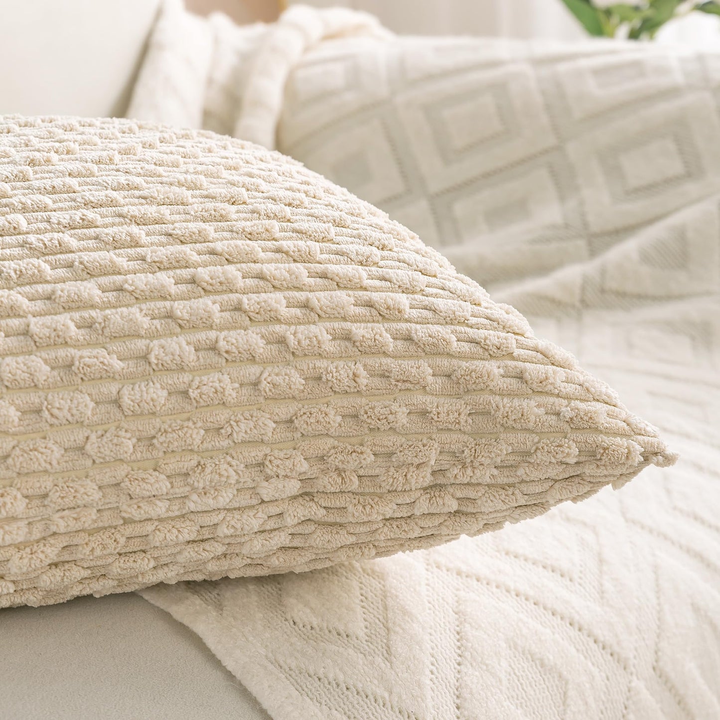 Cozoomy Set of 4 Beige Decorative Throw Pillow Covers 20x20 Inch Corduroy Pillow Covers for Bed Couch Sofa Living Room Soft Square Cushion Cases