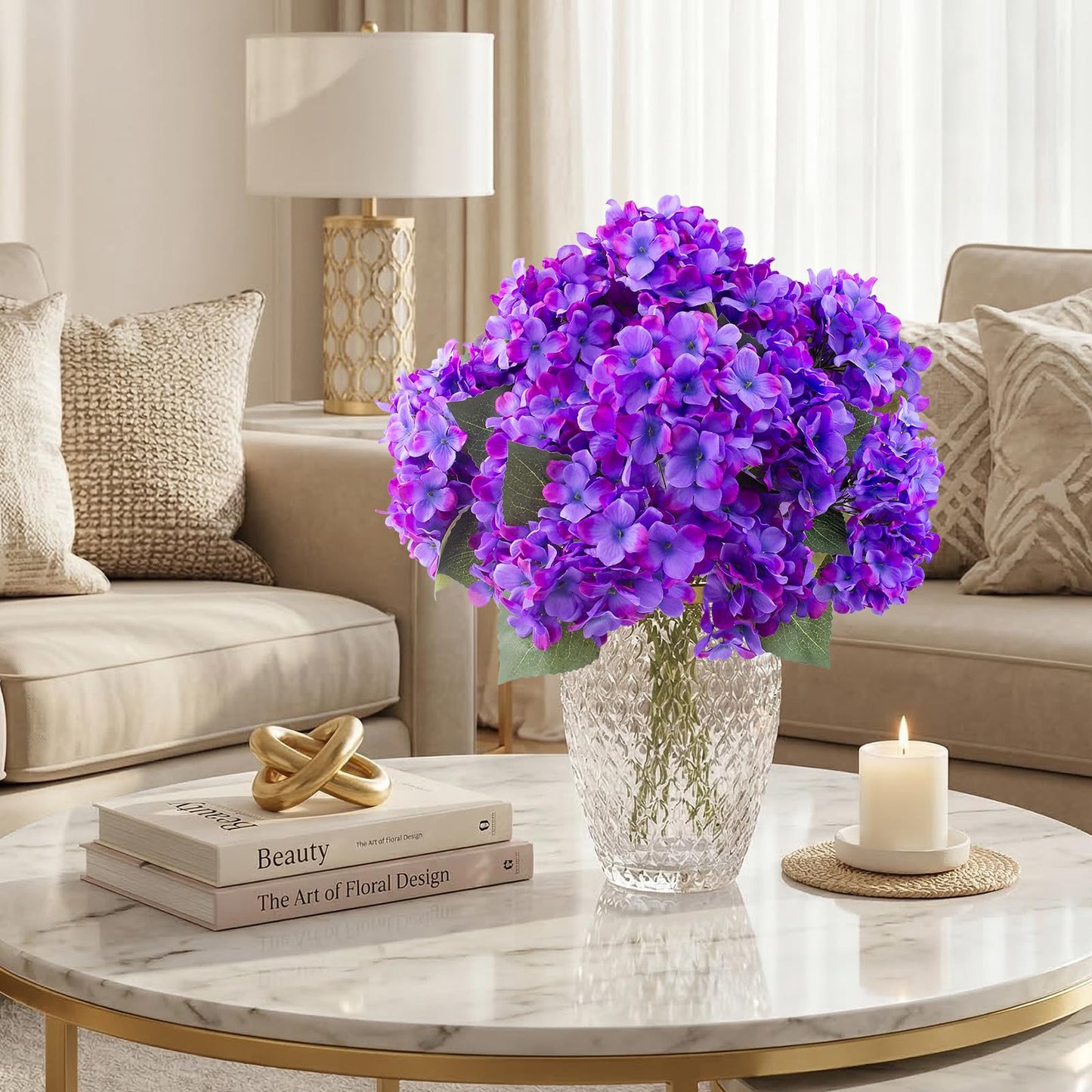 Daynight 4 Pcs Hydrangea Artificial Flowers Outdoor Silk Bouquets, UV Resistant Faux Hydrangeas Flowers for Table Vase Centerpieces Outside Party Wedding Baby Shower Home Outdoor Decor (4, Purple)