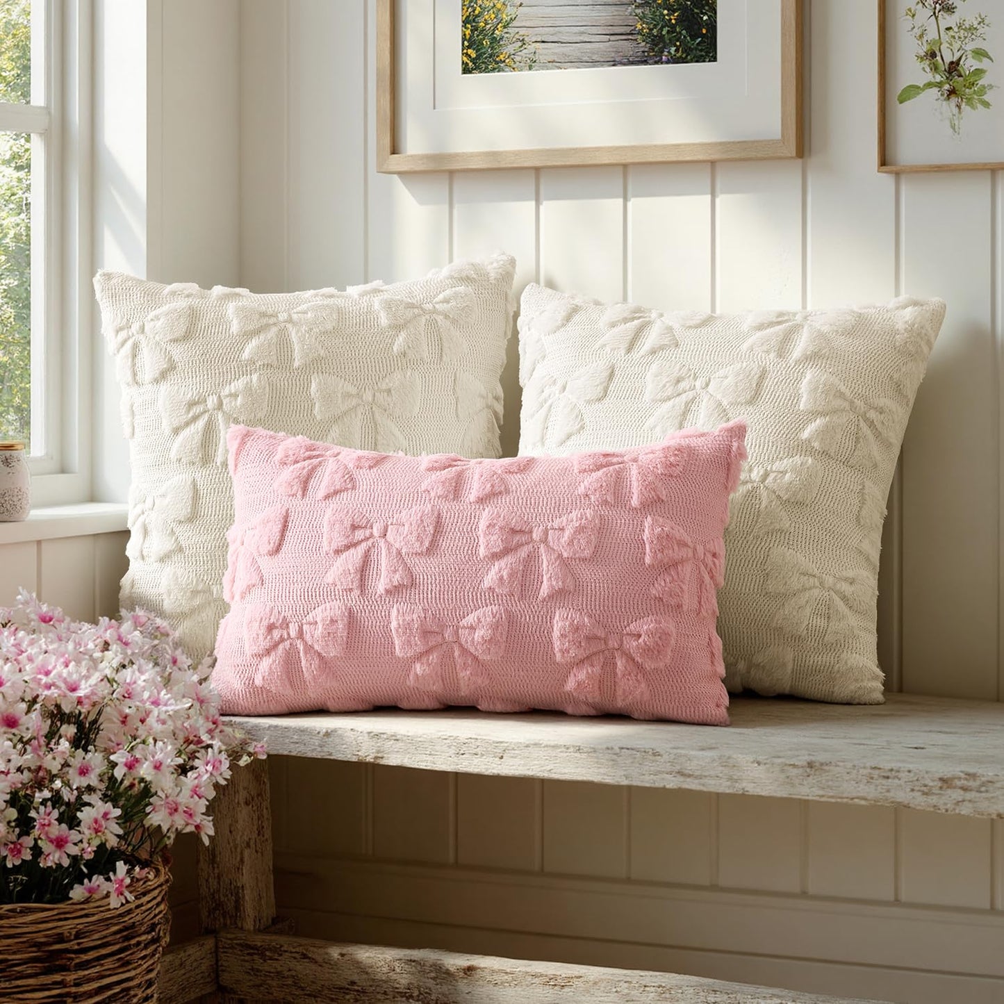 MIULEE Pink Bow Pillow Covers Coquette Room Decor Aesthetic Set of 2 Spring Decorative Cute Girl Soft Plush Faux Pillowcase for Preppy Room Decor Bedroom Couch,12x20 Inch