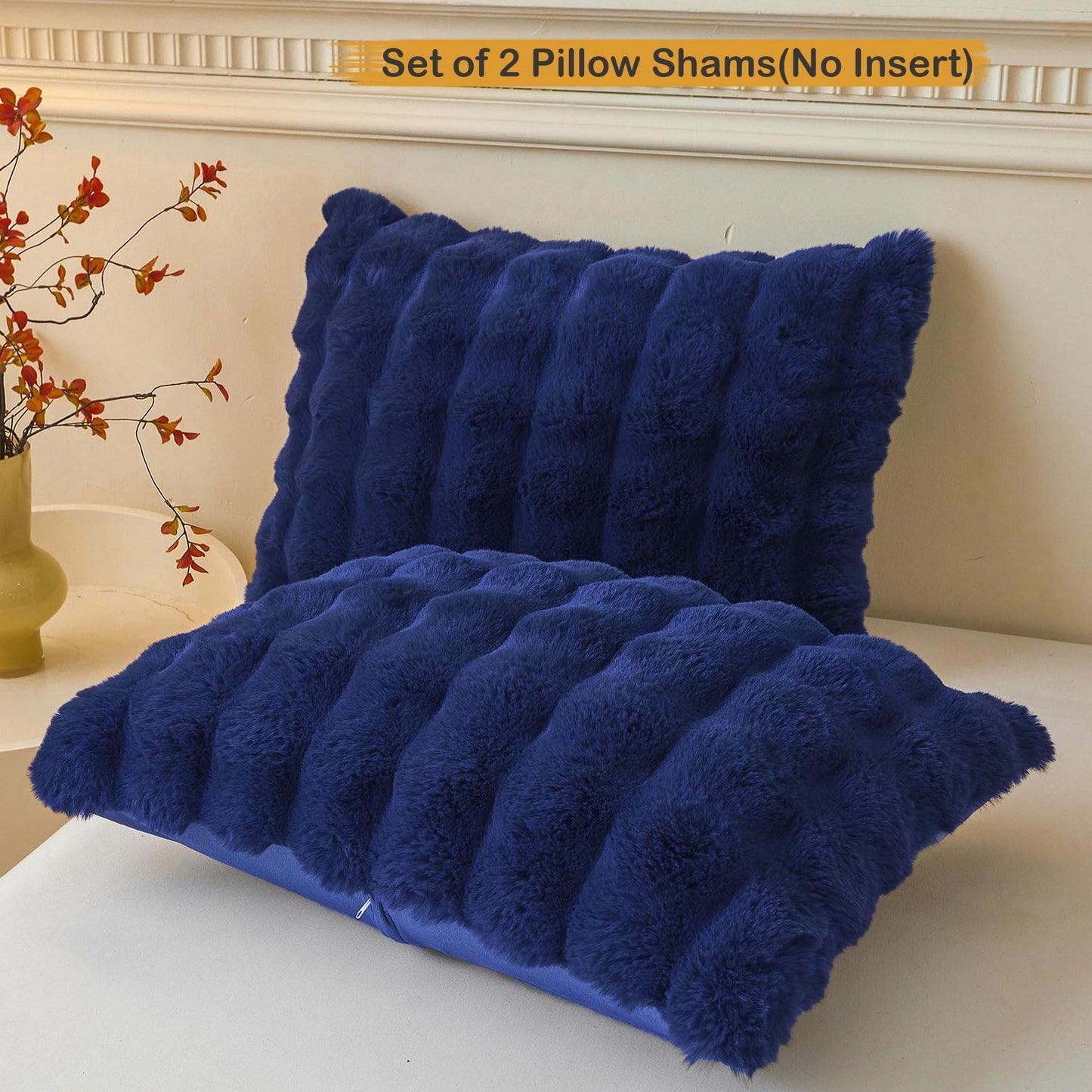 LIFEREVO 2 Pack Fluffy Faux Rabbit Fur Pillow Cases, Luxury Soft Plush Shaggy Bubble Pillowcases Standard Size with Zipper Closure, Furry Fuzzy Pillow Shams for Bedroom Living Room 20x26, Navy Blue
