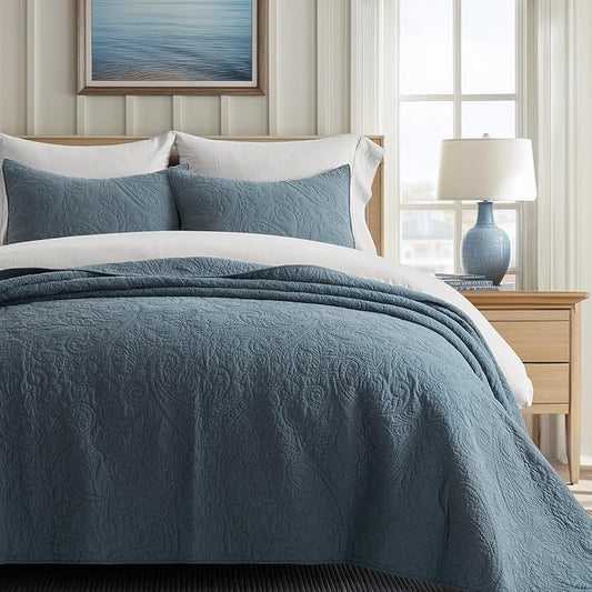 EVERGRACE 100% Cotton Paisley Quilt Set, Queen Size 3 Piece Set – Prewashed Lightweight Bedspread with 2 Shams, Soft & Breathable Matelasse Coverlet for All-Season Comfort, Stormy Blue