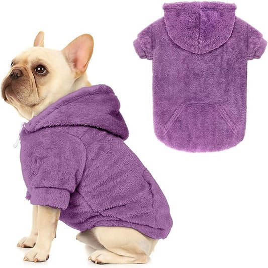 Dog Sweater,Dog Hoodies,Warm Fuzzy Fleece Sweatshirt with Hood & Pocket,Leash Hole,Cozy Cold Weather Pet Clothes Pet Sweater for Small,Medium,and Large Dogs(Purple,L)